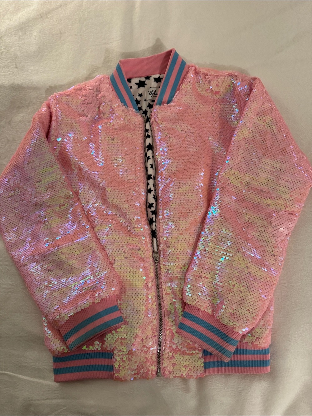 Lola + The Boys Pink Sequin Unicorn Bomber Jacket with Blue Trim